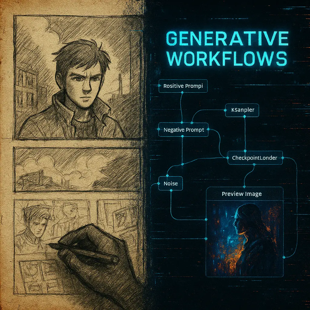 Hand-drawn comic and generative workflow art